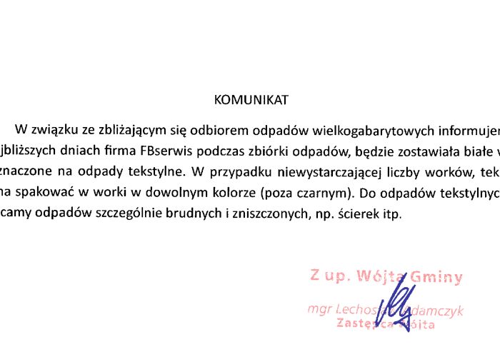 Komunikat - odbiór odpadów wielkogabarytowych.