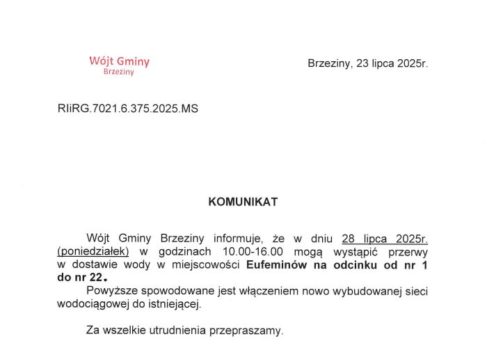 Ważny komunikat dla Mieszkańców !