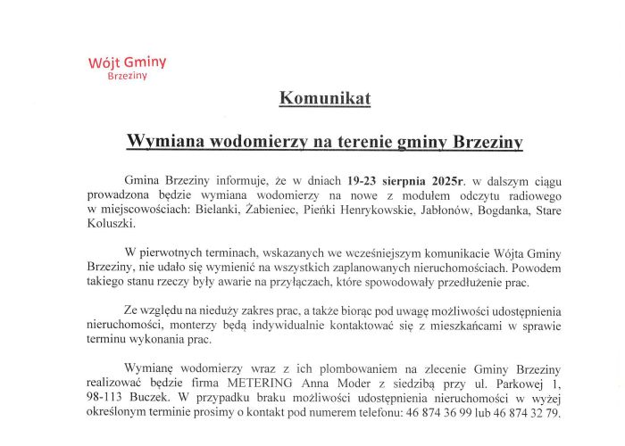 Komunikat - Wymiana wodomierzy na terenie gminy Brzeziny