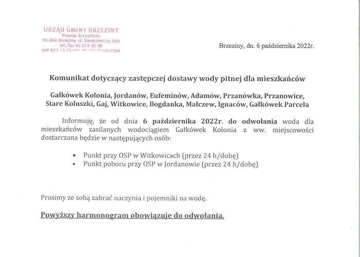 Komunikat dotyczący zastępczej dostawy wody pitnej dla mieszkańców zasilanych wodociągiem Gałkówek - Kolonia.