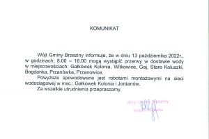 Komunikat dotyczący przerwy w dostawie wody w miejscowościach: Gałkówek Kolonia, Witkowice, Gaj, Stare Koluszki, Bogdanka, Przanówka, Przanowice w dniu 13 października.
