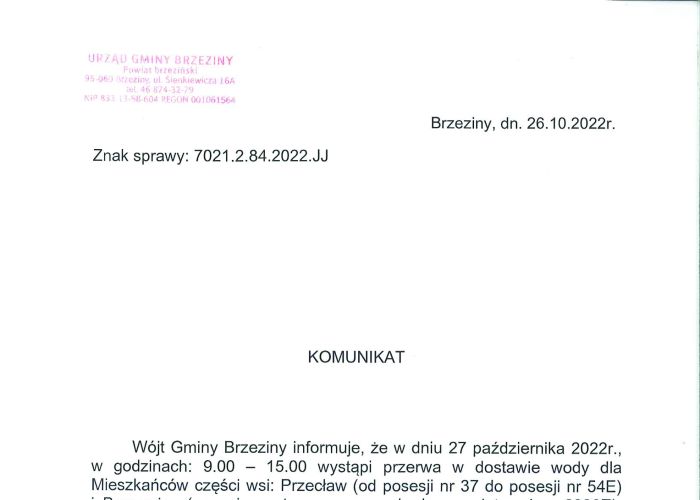 Komunikat dotyczący przerwy w dostawie wody w miejscowościach Przecław i Bronowice w dniu 27 października.