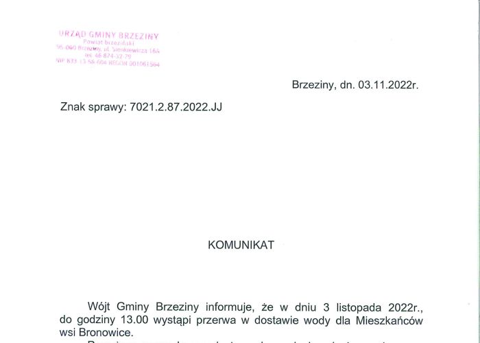 Komunikat dotyczący przerwy w dostawie wody w miejscowości Bronowice w dniu 3 listopada.