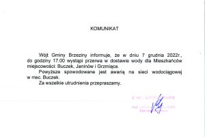 Komunikat dotyczący przerwy w dostawie wody w miejscowościach Buczek, Janinów i Grzmiąca w dniu 7 grudnia.