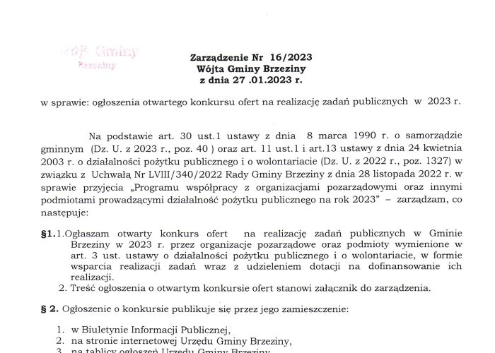 Zarządzenie Nr 16/2023 Wójta Gminy Brzeziny z dnia 27.01.2023 r. w sprawie ogłoszenia otwartego konkursu ofert na realizację zadań publicznych w 2023 r.