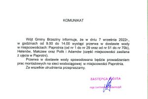 Komunikat dotyczący przerwy w dostawie wody w miejscowościach: Paprotnia, Helenów, Małczew oraz Polik i Adamów w dniu 7 września.