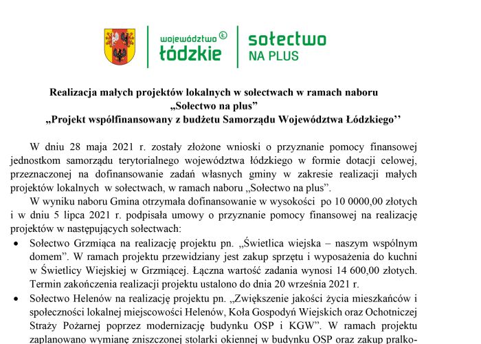 Realizacja małych projektów lokalnych w sołectwach w ramach naboru „Sołectwo na plus” ,,Projekt współfinansowany z budżetu Samorządu Województwa Łódzkiego’’