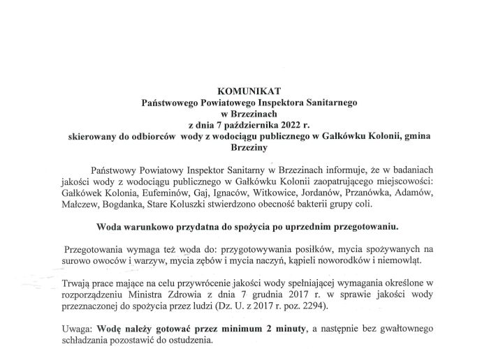 Komunikat Państwowego Powiatowego Inspektora Sanitarnego w Brzezinach skierowany do odbiorców wody z wodociągu publicznego w Gałkówku Kolonii, gmina Brzeziny.