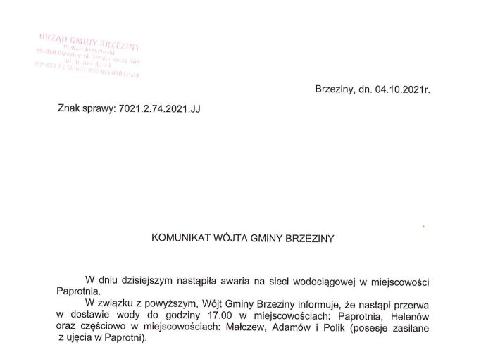 Komunikat Wójta Gminy Brzeziny w sprawie awarii na sieci wodociągowej w miejscowości Paprotnia w dniu 04.10.2021 r.