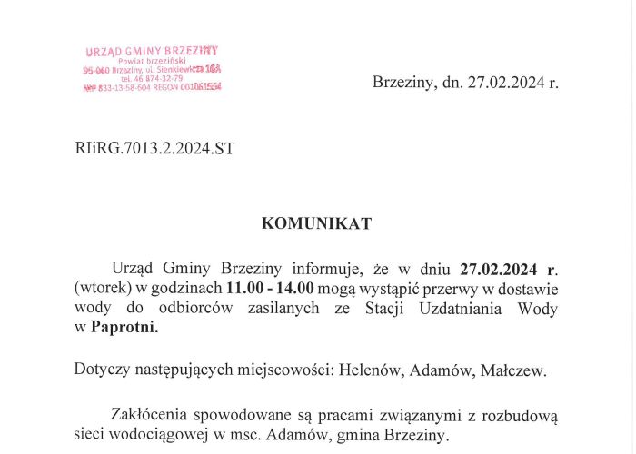 Przerwa w dostawie wody do odbiorców zasilanych ze Stacji Uzdatniania Wody w Paprotni - 27.02.2024 r., w godz. 11:00 - 14:00