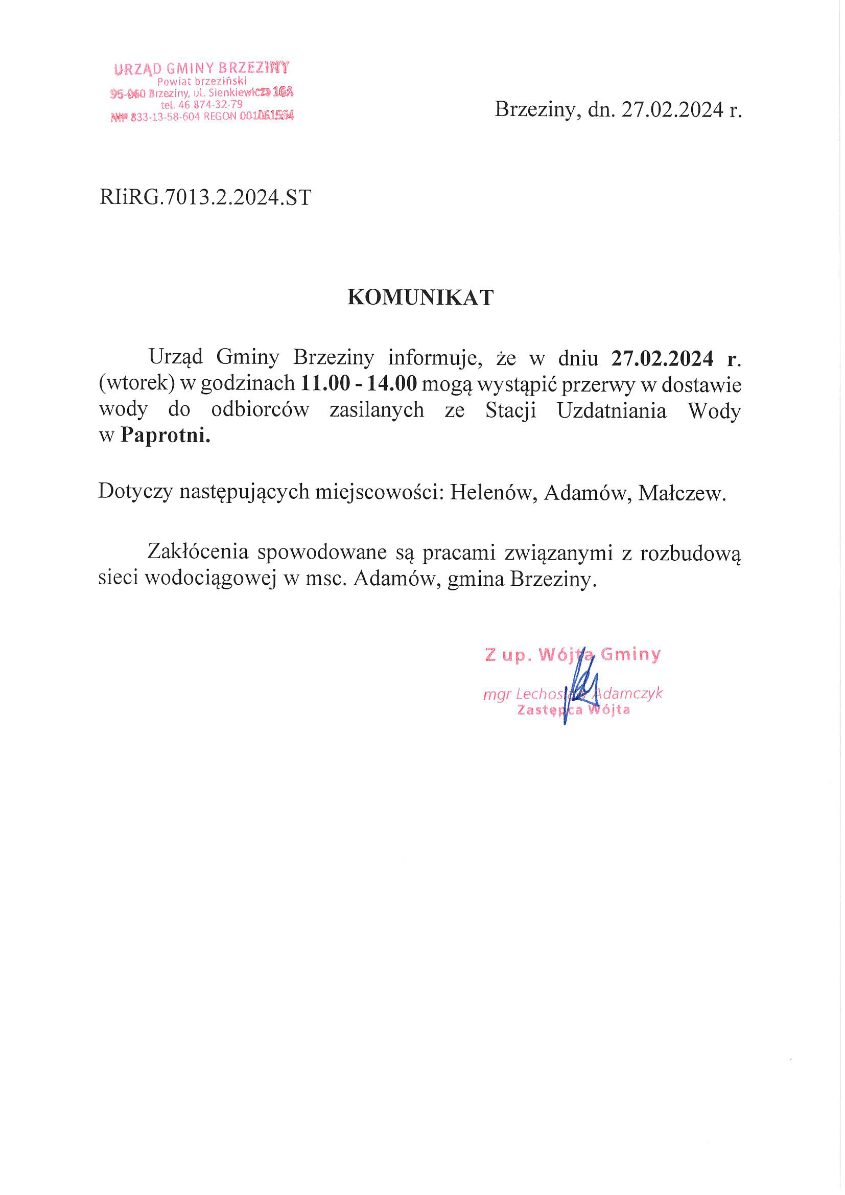Przerwa w dostawie wody do odbiorców zasilanych ze Stacji Uzdatniania Wody w Paprotni - 27.02.2024 r., w godz. 11:00 - 14:00