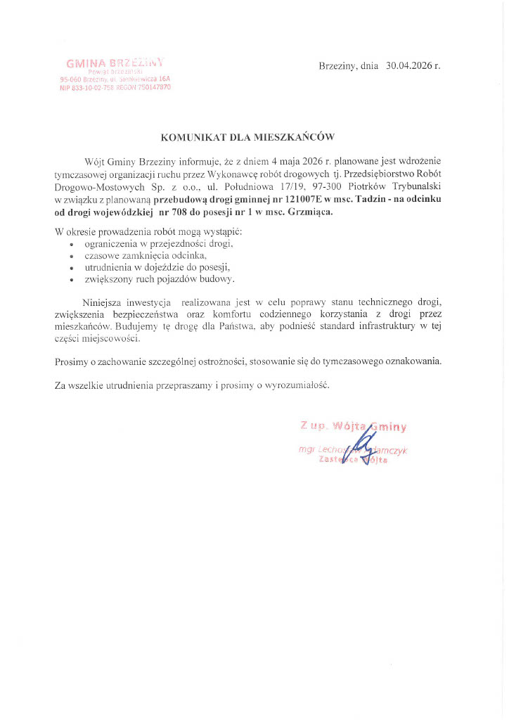 Komunikat   droga Tadzin Grzmiaca