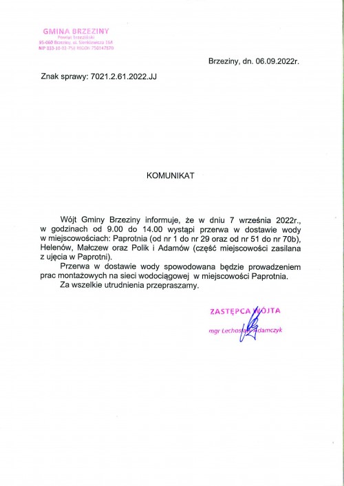 Komunikat dotyczący przerwy w dostawie wody w miejscowościach: Paprotnia, Helenów, Małczew oraz Polik i Adamów w dniu 7 września.