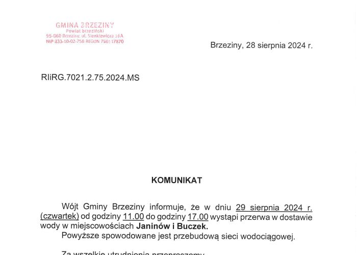 Przerwa w dostawie wody w miejscowościach Janinów i Buczek - w dniu 29 sierpnia (czwartek), w godzinach 11:00 - 17:00.