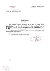 Wójt Gminy Brzeziny informuje, że w dniach 5 i 6 czerwca w poszczególnych miejscowościach na terenie Gminy mogą wystąpić przerwy w dostawie wody.