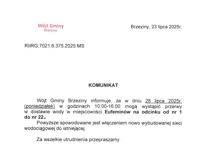 Wójt Gminy Brzeziny informuje, że w dniach 5 i 6 czerwca w poszczególnych miejscowościach na terenie Gminy mogą wystąpić przerwy w dostawie wody.