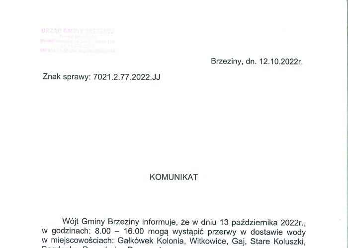 Komunikat dotyczący przerwy w dostawie wody w miejscowościach: Gałkówek Kolonia, Witkowice, Gaj, Stare Koluszki, Bogdanka, Przanówka, Przanowice w dniu 13 października.