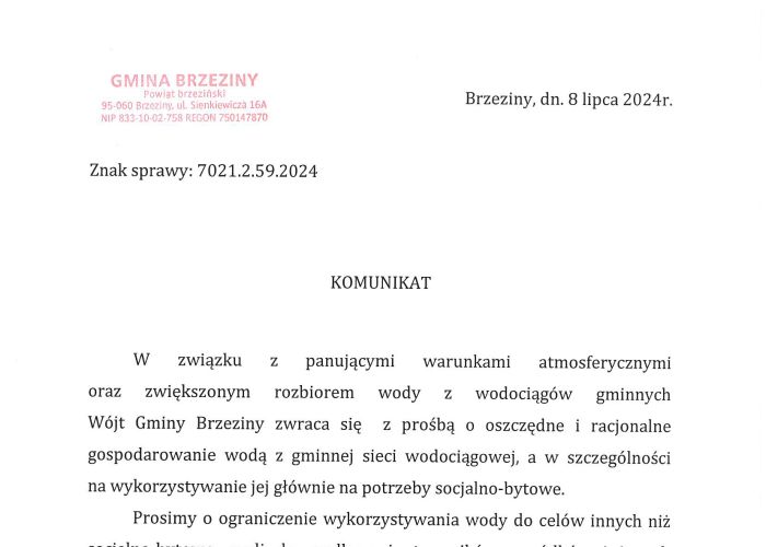 Komunikat Wójta Gminy Brzeziny - oszczędzaj wodę.