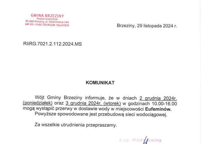 Ważny komunikat dla Mieszkańców !