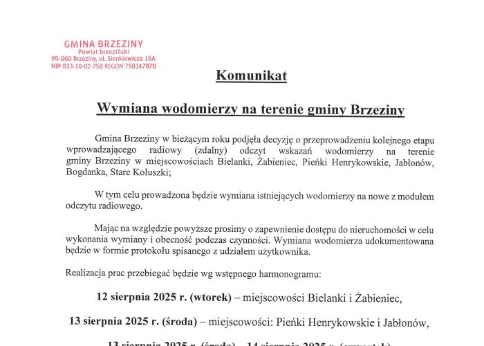Komunikat - Wymiana wodomierzy na terenie gminy Brzeziny