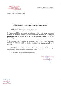 Wójt Gminy Brzeziny informuje, że w dniu 26 marca 2025r. (środa) w godzinach 10.00-13.00 mogą wystąpić przerwy w dostawie wody w miejscowości Eufeminów.