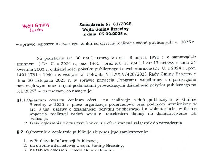 Zarządzenie Nr 31/2025 Wójta Gminy Brzeziny z dnia 05.02.2025 r. w sprawie ogłoszenia otwartego konkursu ofert na realizację zadań publicznych w 2025 r.