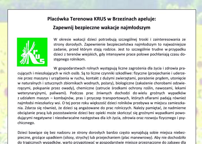 Placówka Terenowa KRUS w Brzezinach apeluje: Zapewnij bezpieczne wakacje najmłodszym.