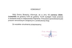 Przerwa w dostawie wody w miejscowości Paprotnia - w dniu 13 czerwca (czwartek), w godzinach 08:00 - 10:00.