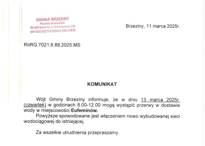 Przerwa w dostawie wody w miejscowości Eufeminów - w dniu 13 marca 2025 r. (czwartek)