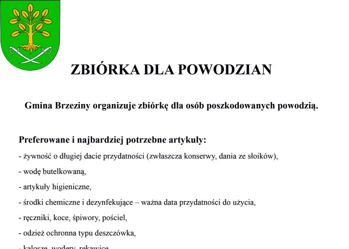 Apel do Mieszkańców - zbiórka dla Powodzian