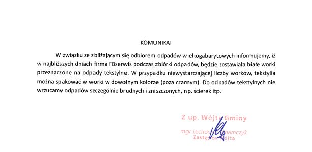 Komunikat - odbiór odpadów wielkogabarytowych.