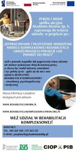 Zapraszamy do udziału w bezpłatnym projekcie pn. ,,Wypracowanie i pilotażowe wdrożenie modelu kompleksowej rehabilitacji umożliwiającej podjęcie lub powrót do pracy”