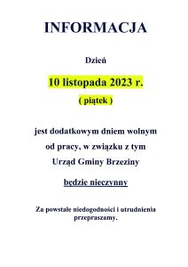 10 listopada 2023 r. - Urząd Gminy Brzeziny będzie nieczynny.