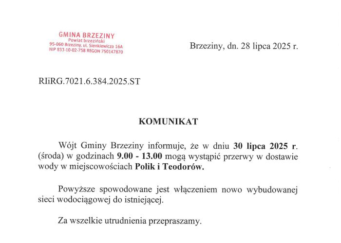 Komunikat - przerwa w dostawie wody w dniu 30 lipca (środa) w godzinach 09:00 - 13:00 w miejscowościach Polik i Teodorów.
