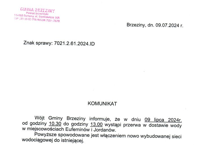 Komunikat Wójta Gminy Brzeziny w sprawie przerwy w dostawie wody dla mieszkańców miejscowości Bielanki, Jabłonów, Marianów Kołacki w dniu 8 grudnia 2021 r.