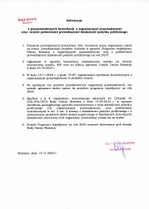 Informacja z przeprowadzonych konsultacji z organizacjami pozarządowymi oraz innymi podmiotami prowadzącymi działalność pożytku publicznego.
