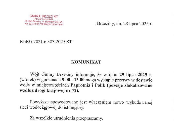 Komunikat - przerwa w dostawie wody w dniu 29 lipca (wtorek) w godzinach 09:00 - 13:00 w miejscowościach Paprotnia i Polik (posesje zlokalizowane wzdłuż drogi krajowej nr 72).