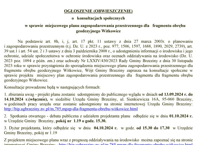 Ogłoszenie/ Obwieszczenie o konsultacjach społecznych w sprawie miejscowego planu zagospodarowania przestrzennego dla fragmentu obrębu geodezyjnego Witkowice.