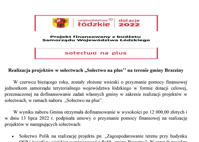 Realizacja projektów w sołectwach "Sołectwo na plus" na terenie Gminy Brzeziny.